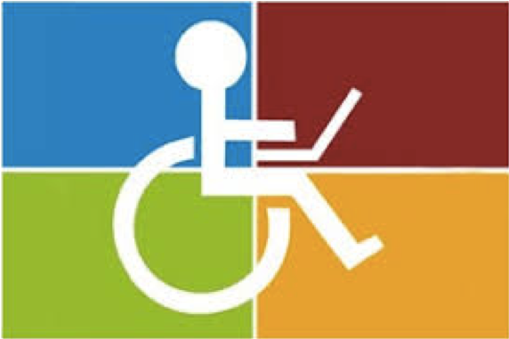 Símbolo da pessoa com deficiência. No fundo, quatro quadrados da cor azul, vermelha, verde e laranja.