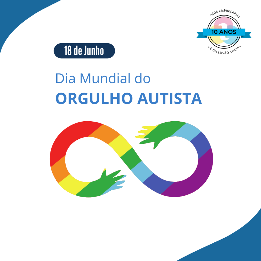 18 de junho dia mundial do orgulho autista. ilustração do símbolo do infinito nas cores do infinito, com duas mãos nas pontas. no canto superior direito está o selo de 10 anos da REIS.
