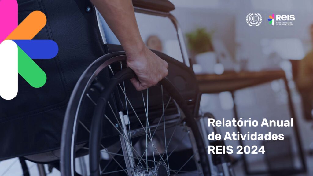 Arte na horizontal apresenta uma pessoa usuária de cadeira roda e o texto "Relatório Anual de Atividades. REIS 2024"